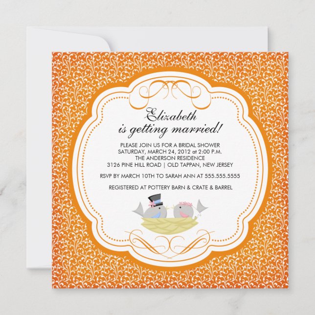 Trendy Love Birds Bridal Dusche Einladung Orange (Vorderseite)