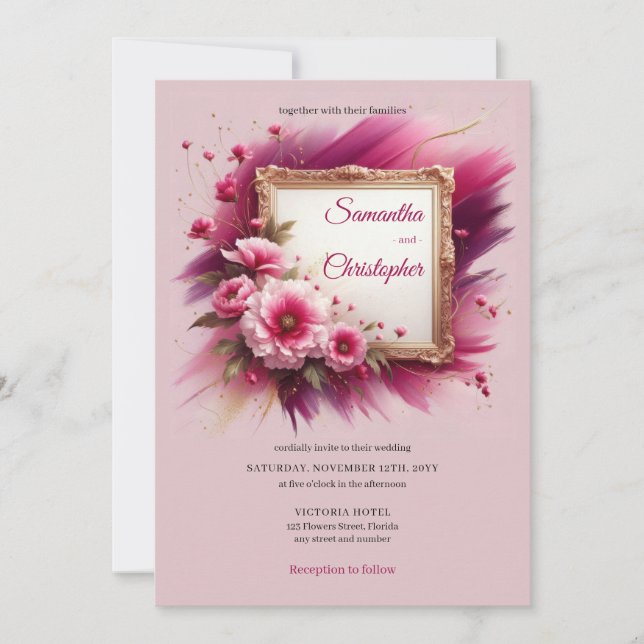 Trendy magenta Blume und Goldrahmen Hochzeit Einladung (Vorderseite)