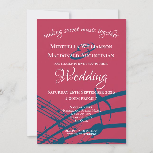 Trendy Magenta MUSIKNOTENS Wedding Einladung (Vorderseite)