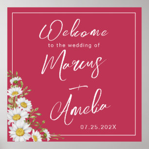 Trendy Magenta & White Daisies Wedding Poster