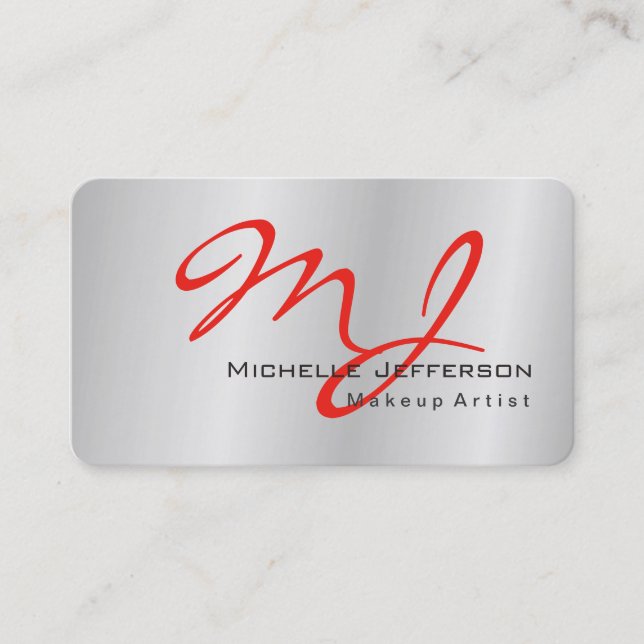 Trendy Makeup Artist Silver Gray Red Monogram Visitenkarte (Vorderseite)