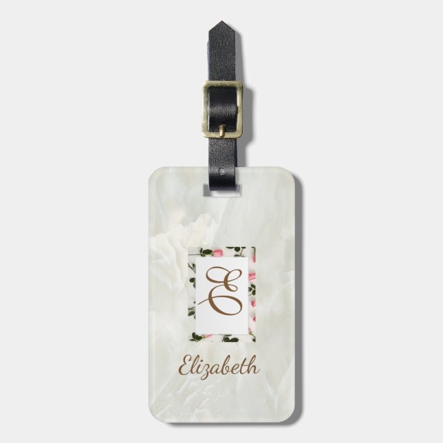 Trendy Marble, Blumen-Rahmen Monogram Personalisie Gepäckanhänger (Vorderseite vertikal)