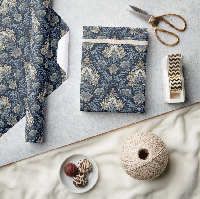 Trendy marineblau und beige Zierdamast Geschenkpapier (Kunsthandwerk)