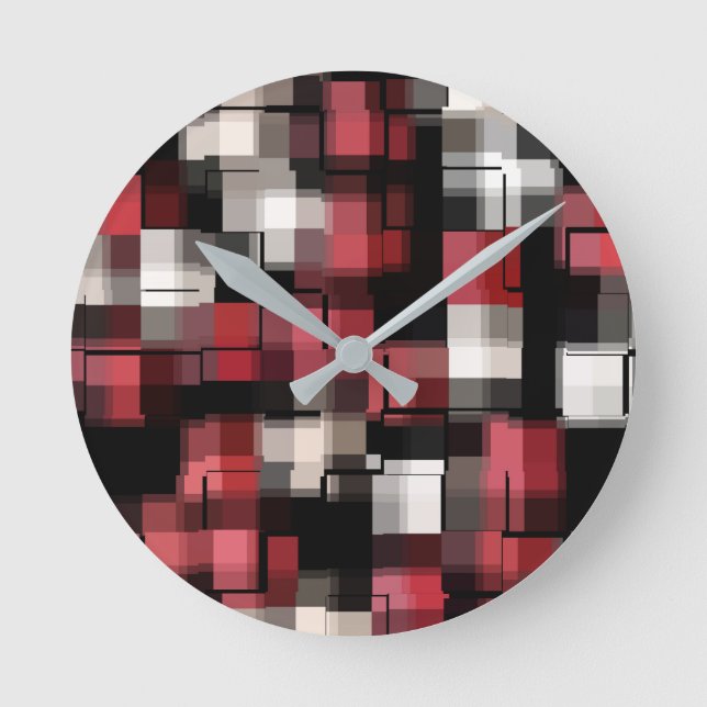 Trendy Maroon Red Black White Abstract Plaid Runde Wanduhr (Vorderseite)