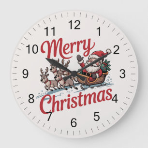 Trendy Merry Christmas Santa Sleigh Reindeer Große Wanduhr