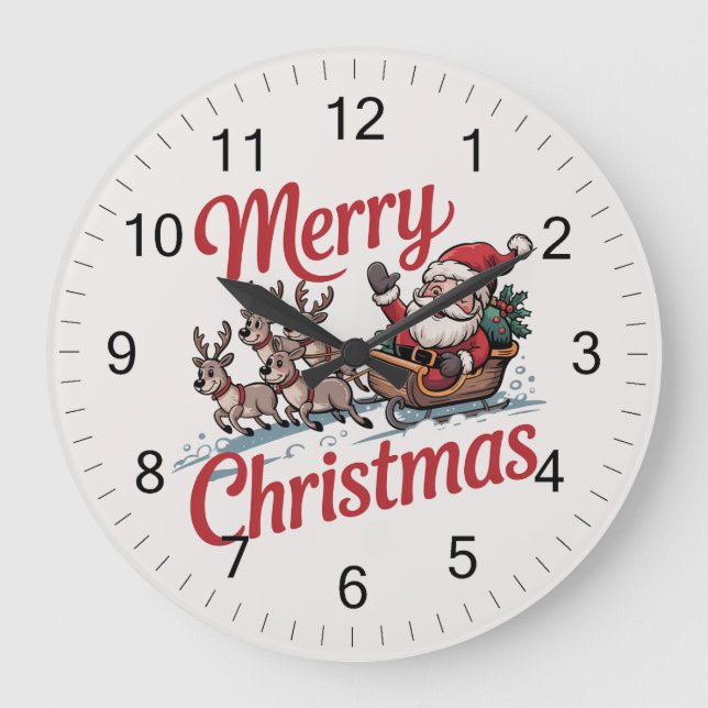 Trendy Merry Christmas Santa Sleigh Reindeer Große Wanduhr (Vorderseite)