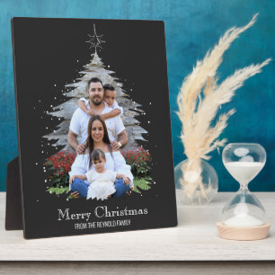 Trendy Merry Christmas Tree Silhouette Foto Gray Fotoplatte