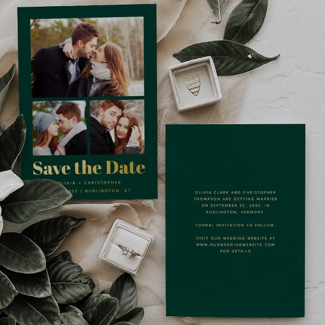 Trendy Minimal 3-Foto Green Gold Save the Date Folieneinladung (Von Creator hochgeladen)