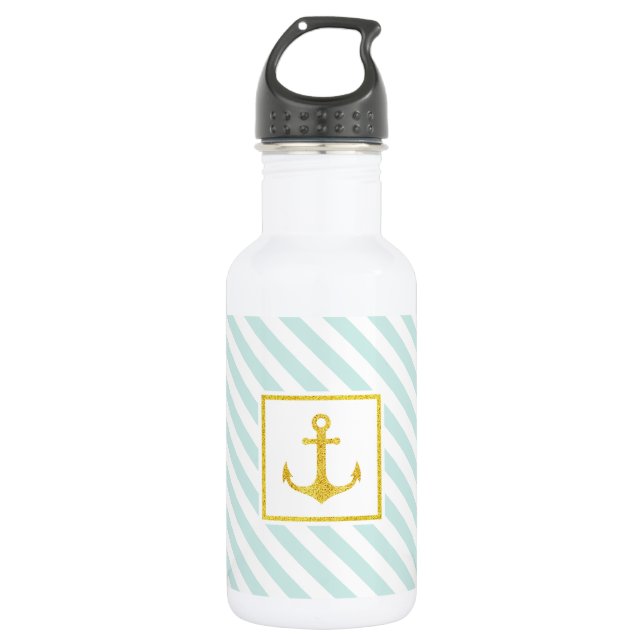Trendy Mint Blue Pattern Golden Anchor Trinkflasche (Vorderseite)