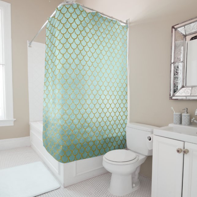 Trendy Mint Gold Glitzer Mermaid Scales Duschvorhang (Beispiel)