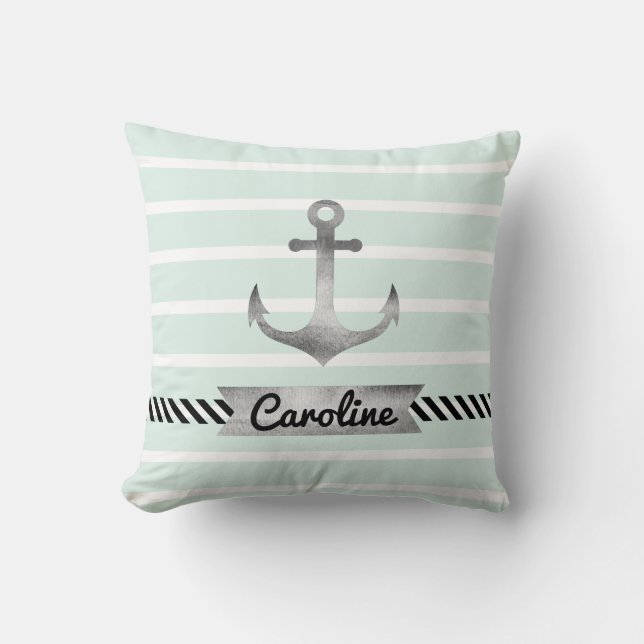 Trendy Mint Green Stripes und Aquarellanschor Kissen (Vorderseite)