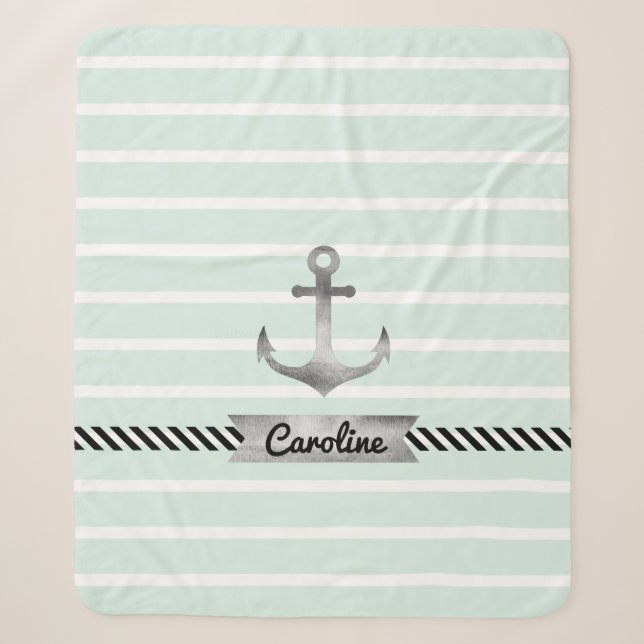 Trendy Mint Green Stripes und Aquarellanschor Sherpadecke (Vorderseite)