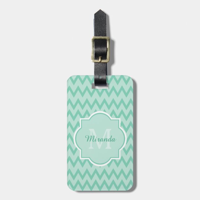 Trendy Mint Green Zickzack Zigzag Name und Monogra Gepäckanhänger (Vorderseite vertikal)