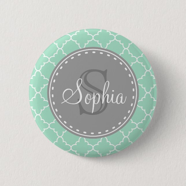 Trendy Mint Trellis Pattern Gray Monogram Button (Vorderseite)