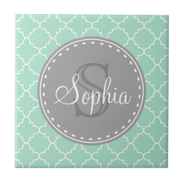 Trendy Mint Trellis Pattern Gray Monogram Fliese (Vorderseite)