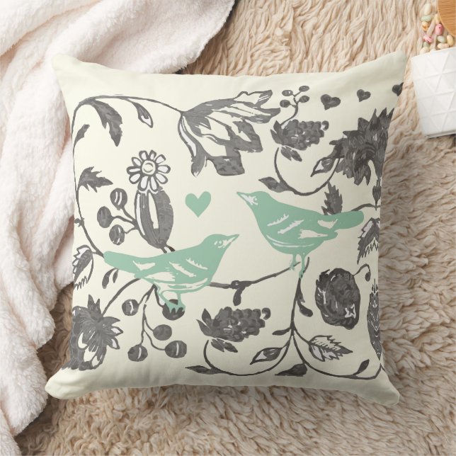 Trendy Mint und Grauer Vintager Blütenvogel Kissen (Decke)
