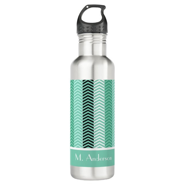 Trendy Minze Grüne Zickzack Streifen mit Namen Trinkflasche (Vorderseite)