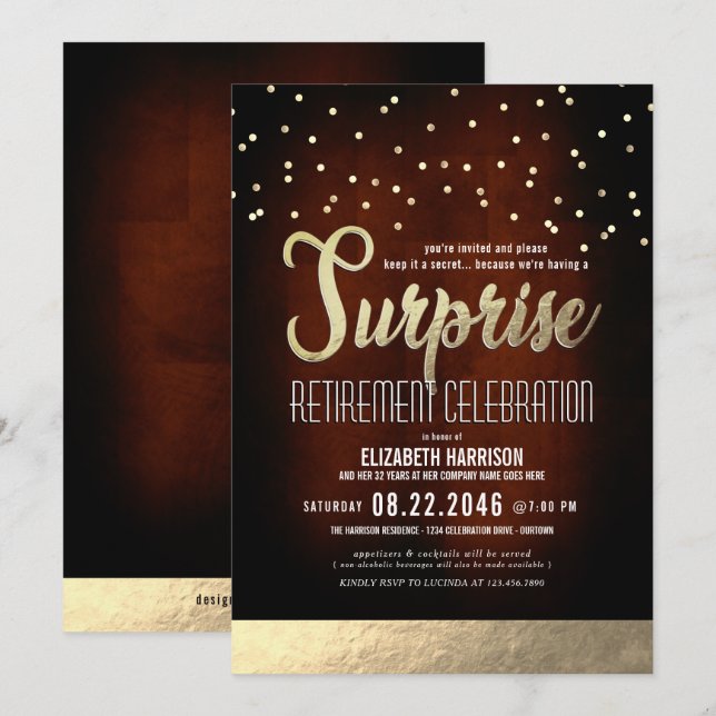 Trendy Mocha/Gold Surprise Retirement Party Invita Einladung (Vorne/Hinten)
