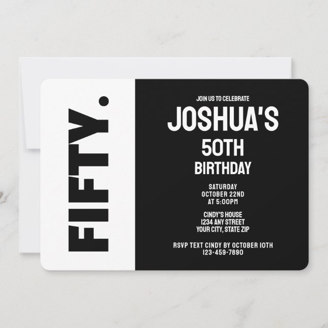Trendy Modern Black and White 50th Birthday Einladung (Vorderseite)
