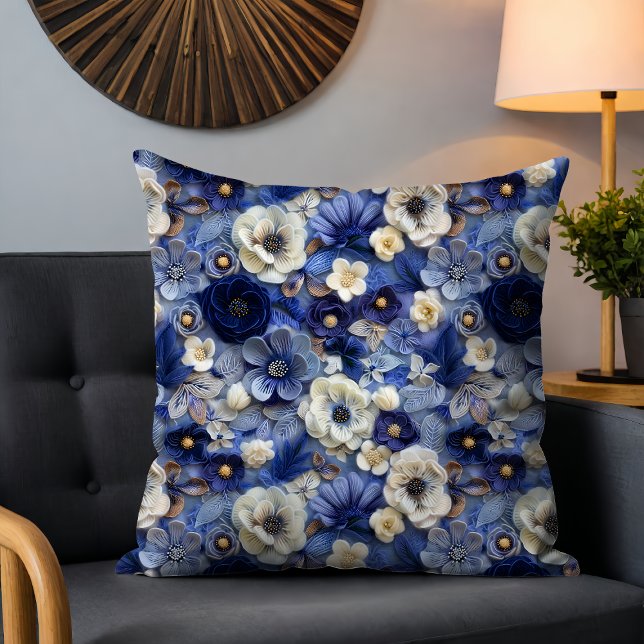 Trendy Modern Blue White 3D Floral Muster Kissen (Von Creator hochgeladen)