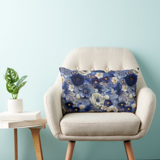 Trendy Modern Blue White 3D Floral Muster Lendenkissen (Stuhl )