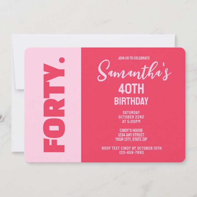 Trendy Modern Bold Pink & Red 40th Birthday Einladung (Vorderseite)