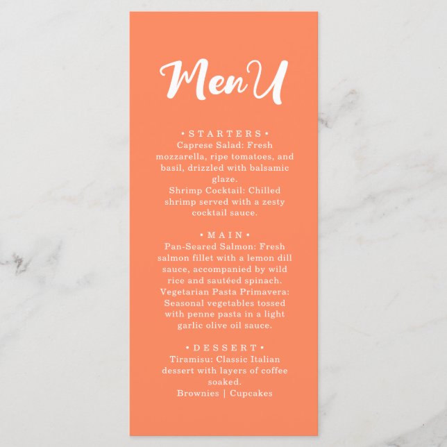 Trendy Modern Coral Orange Wedding Dinner Menükarte (Vorderseite)