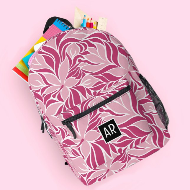 Trendy Modern Floral Pattern Monogramm Cool Pink Bedruckter Rucksack (Trendy Modern Floral Pattern Monogram Cool Pink Printed Backpack)