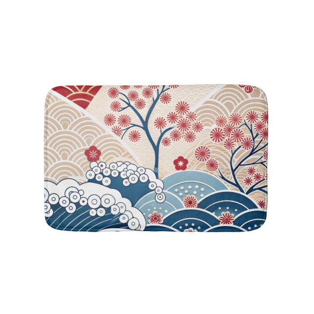Trendy Modern Japanese Wave & Sakura Pattern  Badematte (Vorderseite)
