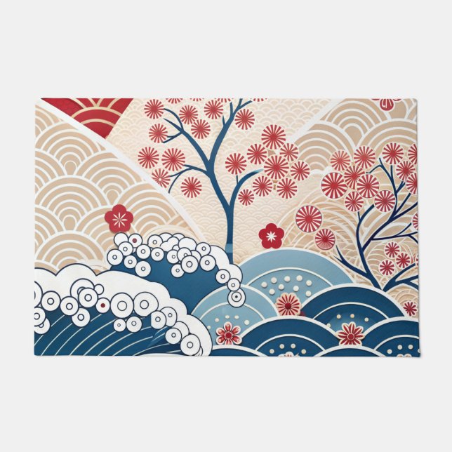 Trendy Modern Japanese Wave & Sakura Pattern  Fußmatte (Vorderseite)