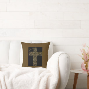 Trendy Modern Jesus Gold Cross Brown Kissen