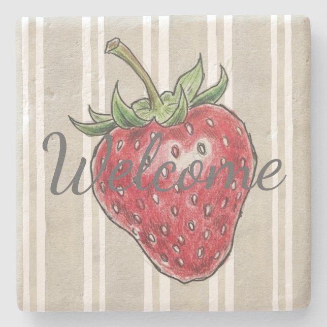 Trendy modern look dusty grey stripes strawberry steinuntersetzer (Vorderseite)