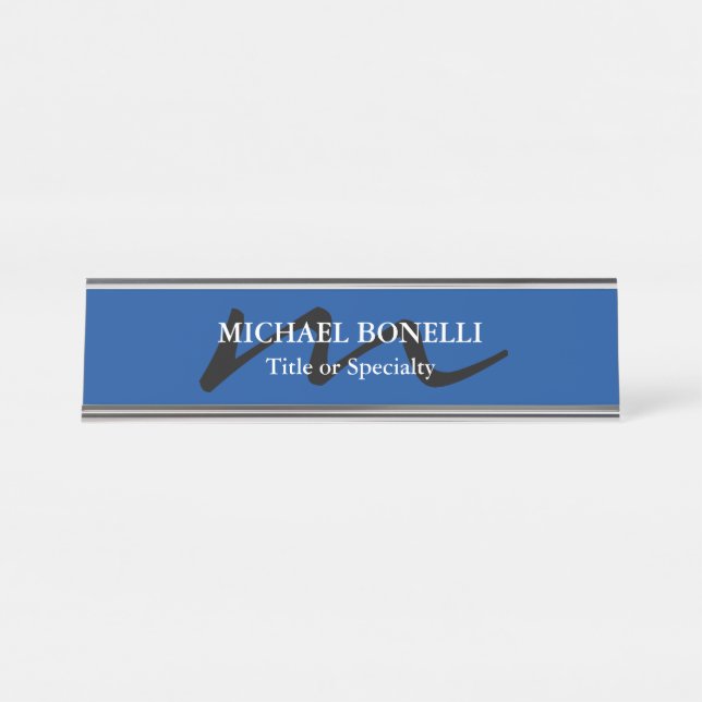 Trendy modern monogram beruflich blau schreibtischnamensplakette (Vorderseite )