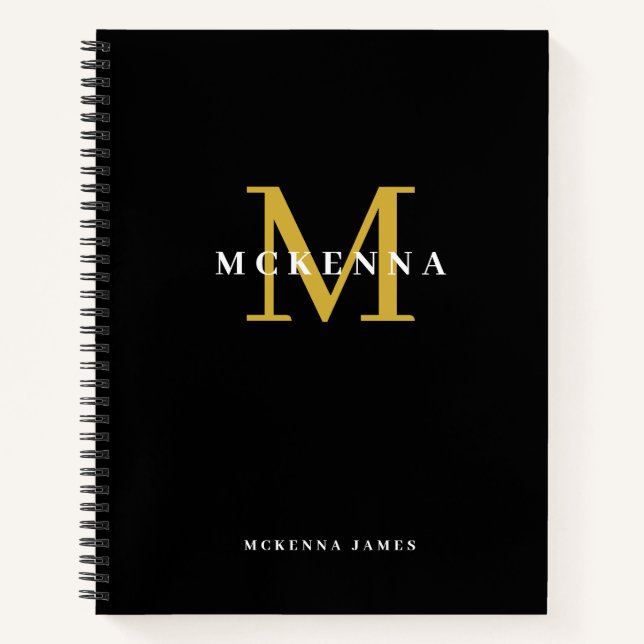 Trendy Modern Monogram Black Gold Erstname Notizbuch (Vorderseite)