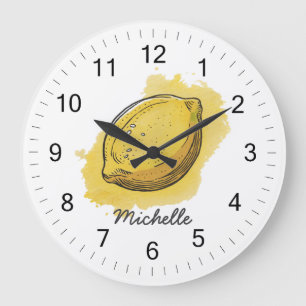 Trendy Modern Personalisiert Watercolor Yellow Lem Große Wanduhr