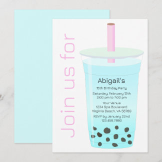 Trendy Modern Pink und Blue Boba Tee Geburtstag Einladung
