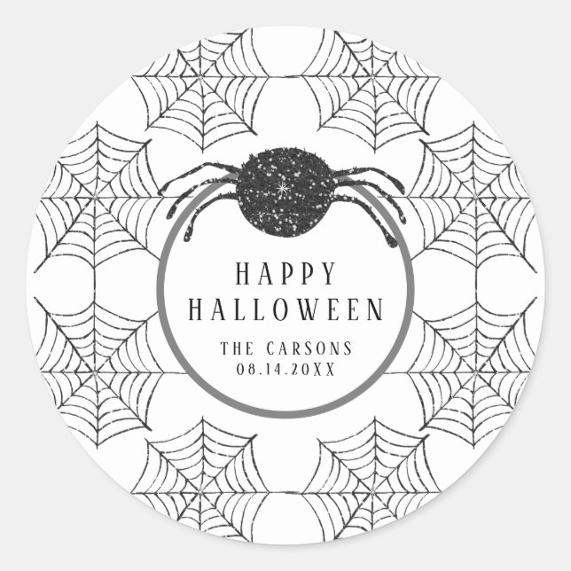 Trendy Modern Schwarz-weiß Spider WebHalloween Runder Aufkleber (Vorderseite)
