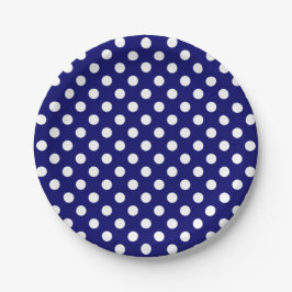 Trendy Modern White Polka Dots on Dark Navy Blue Pappteller