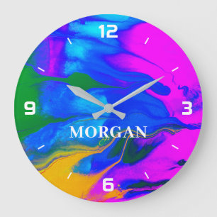 Trendy Moderne Abstrakte Blütenfarben Name Zahlen Große Wanduhr