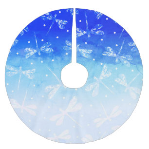 Trendy, moderne, blaue Omeletter und Libellen Polyester Weihnachtsbaumdecke