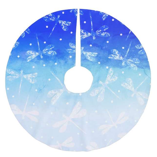 Trendy, moderne, blaue Omeletter und Libellen Polyester Weihnachtsbaumdecke (Vorderseite)