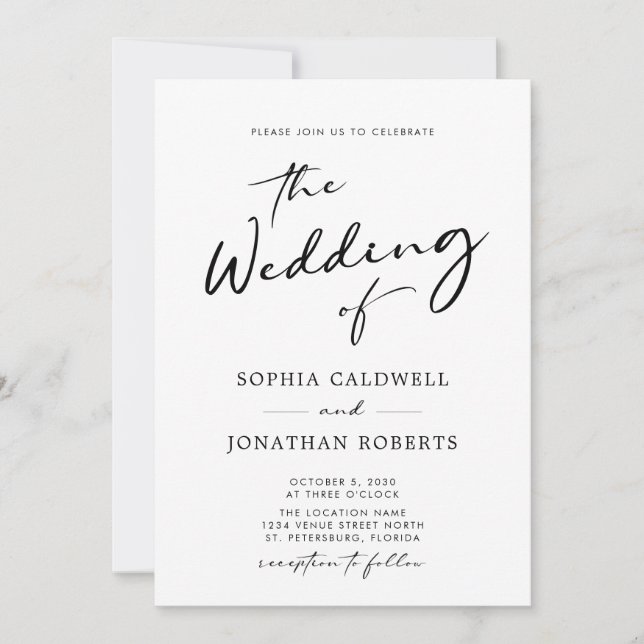 Trendy Moderne Kalligrafie Schwarz-Weiß-Hochzeit Einladung (Vorderseite)