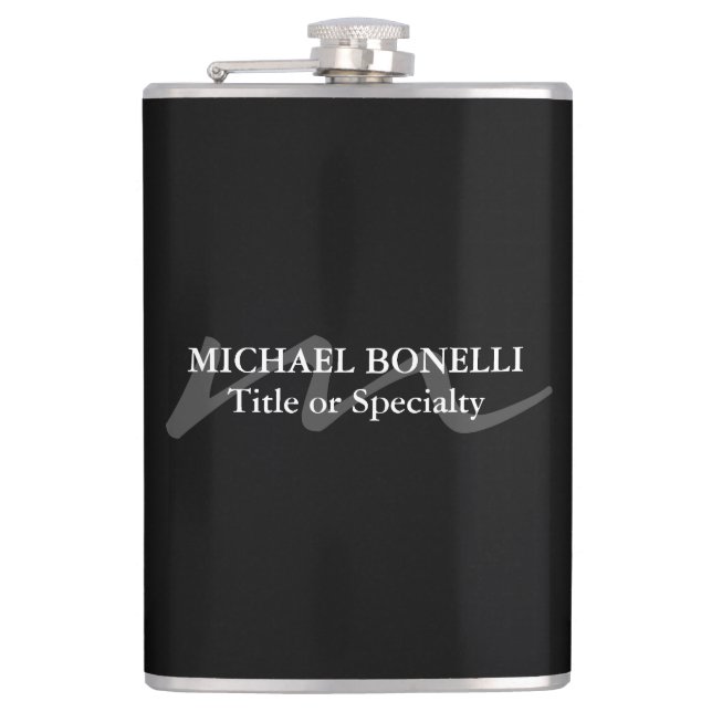Trendy moderne Monogramm Erstschwarz beruflich Flachmann (Vorderseite)