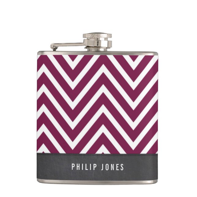 TRENDY Modernes Zickzack Muster Graumaroon Pflaume Flachmann (Vorderseite)