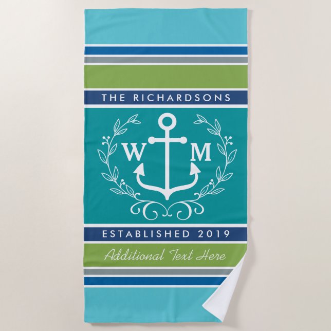 Trendy Monogram Anchor Laurel Wreath Stripes Aqua Strandtuch (Vorderseite)