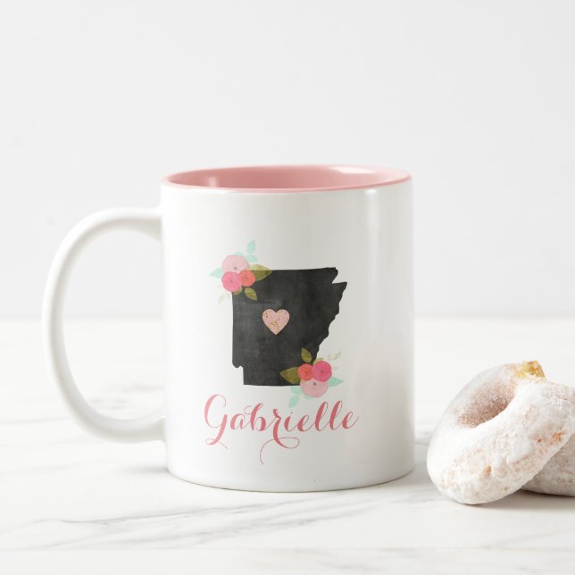 Trendy Monogram Arkansas Staat Moveable Heart City Zweifarbige Tasse (Mit Donut)