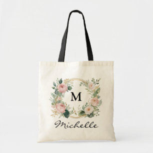 Trendy Monogram Burgundy Floral Wreath Script Name Tragetasche