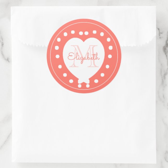 Trendy Monogram Coral White Heart Runder Aufkleber (Tasche)