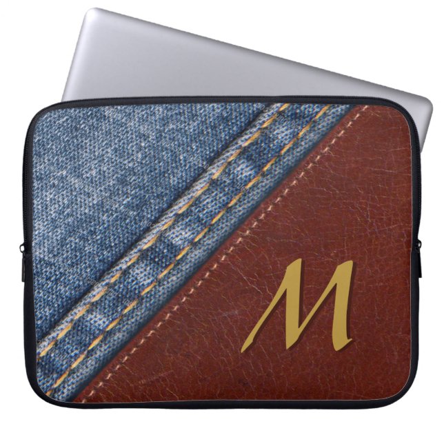 Trendy Monogram Denim and Leather Laptopschutzhülle (Vorderseite)