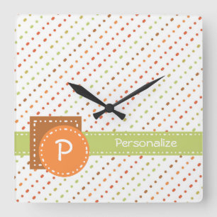 Trendy Monogram Dotted Stripes With Name Quadratische Wanduhr
